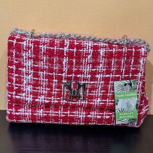 Badgley Mischka Red and White Tweed Shoulder Bag